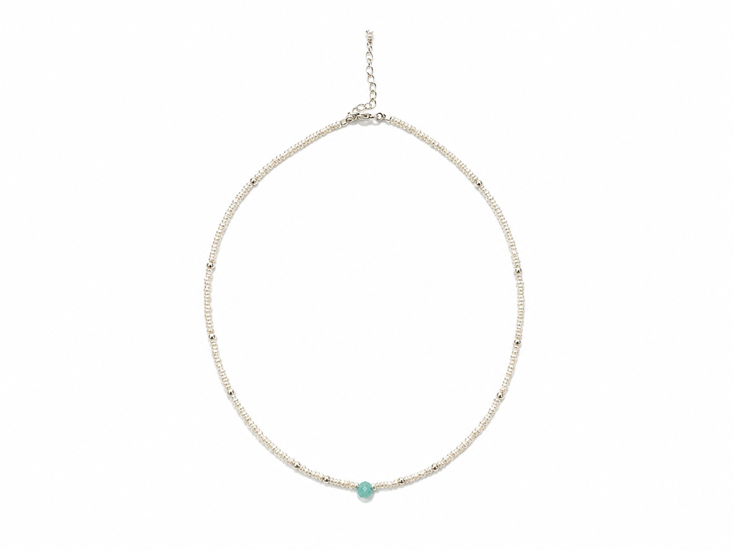 A delicate silver beaded choker necklace with a single small round turquoise gemstone at the front center, displayed on a clean white background.