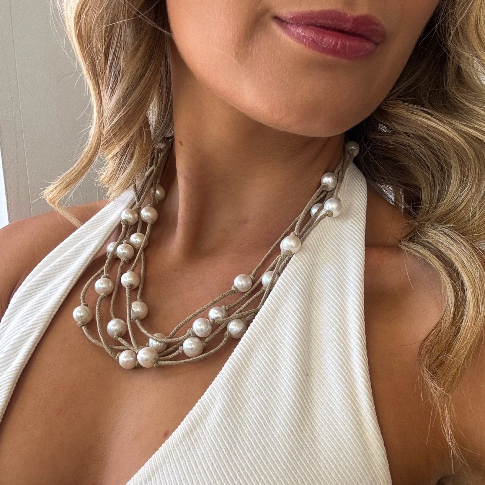Australian beach pearl necklace camel cord freshwater pearls Broome design