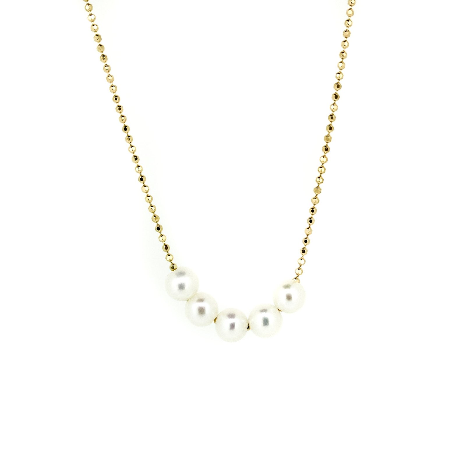 A gold chain necklace with five white pearls placed along the length, presented against a white background.