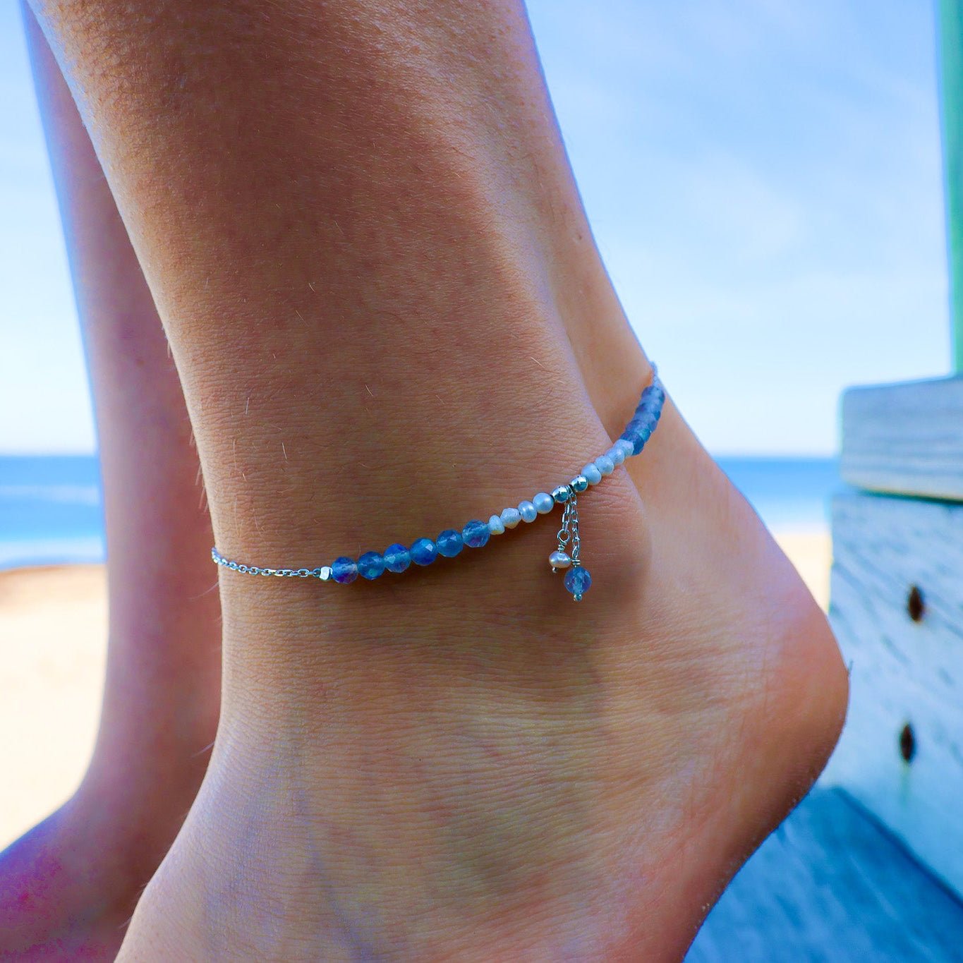 beach anklet with apatite gemstones and pearls on dainty silver chain