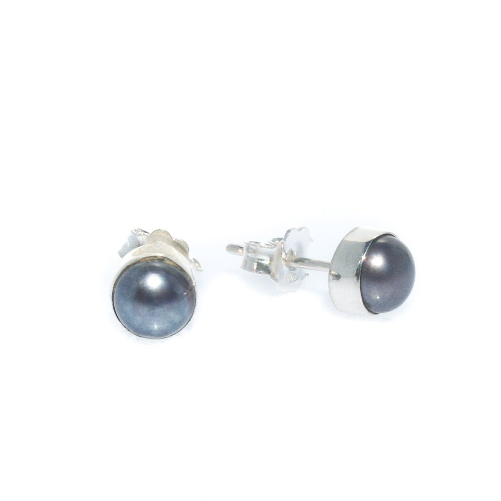 Black Pearl Bezel Set 6mm Studs in sterling silver featuring genuine black freshwater pearls with a modern bezel setting.